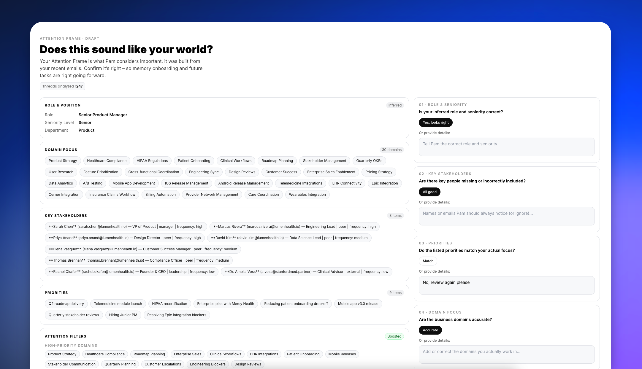 Attention Frame review interface showing inferred role, domain focus, key stakeholders, and priorities with verification prompts