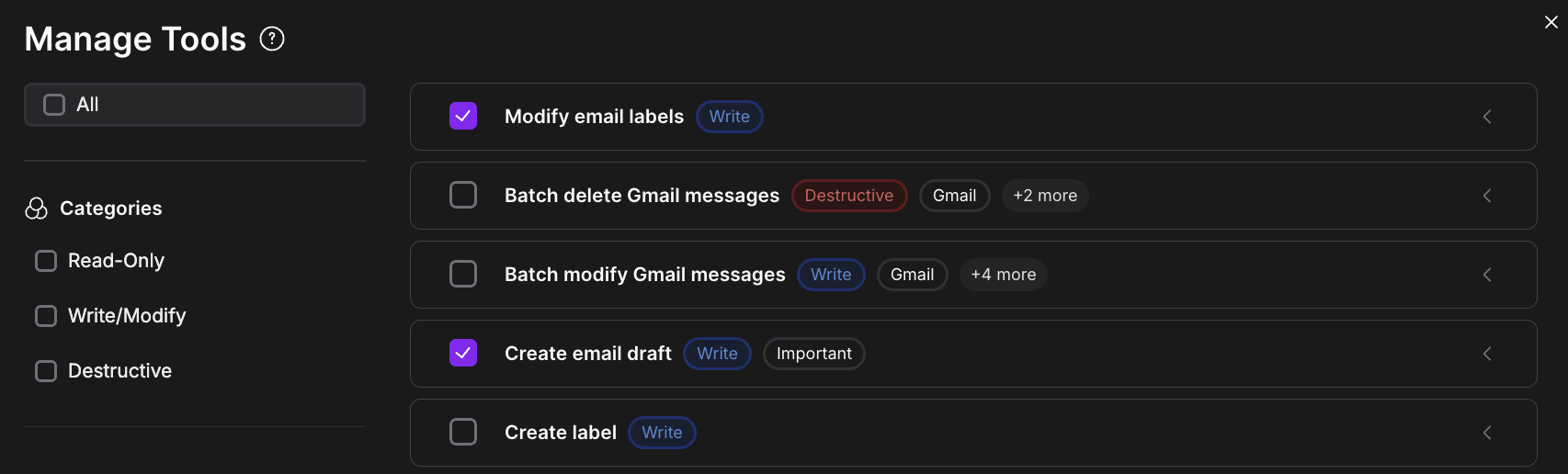 Manage Tools interface showing fine-grained integration permission controls