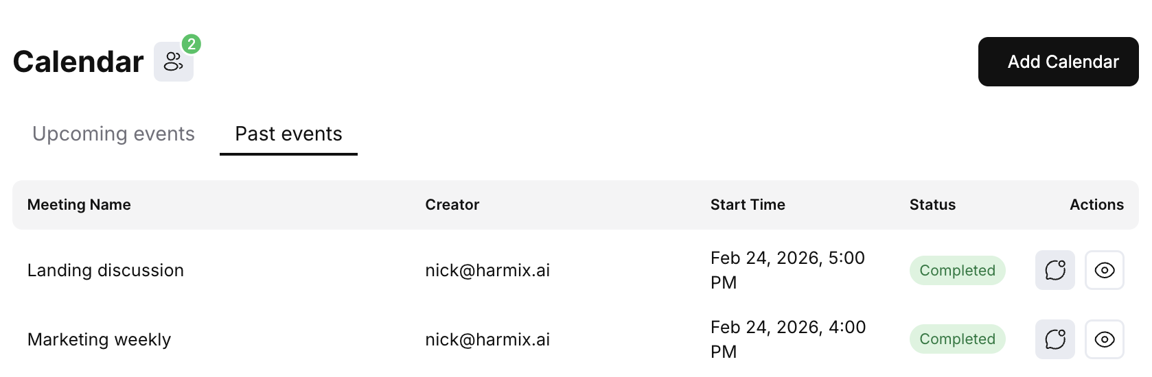 Calendar interface showing Past events tab with meetings listed including Landing discussion and Marketing weekly, with status and action columns