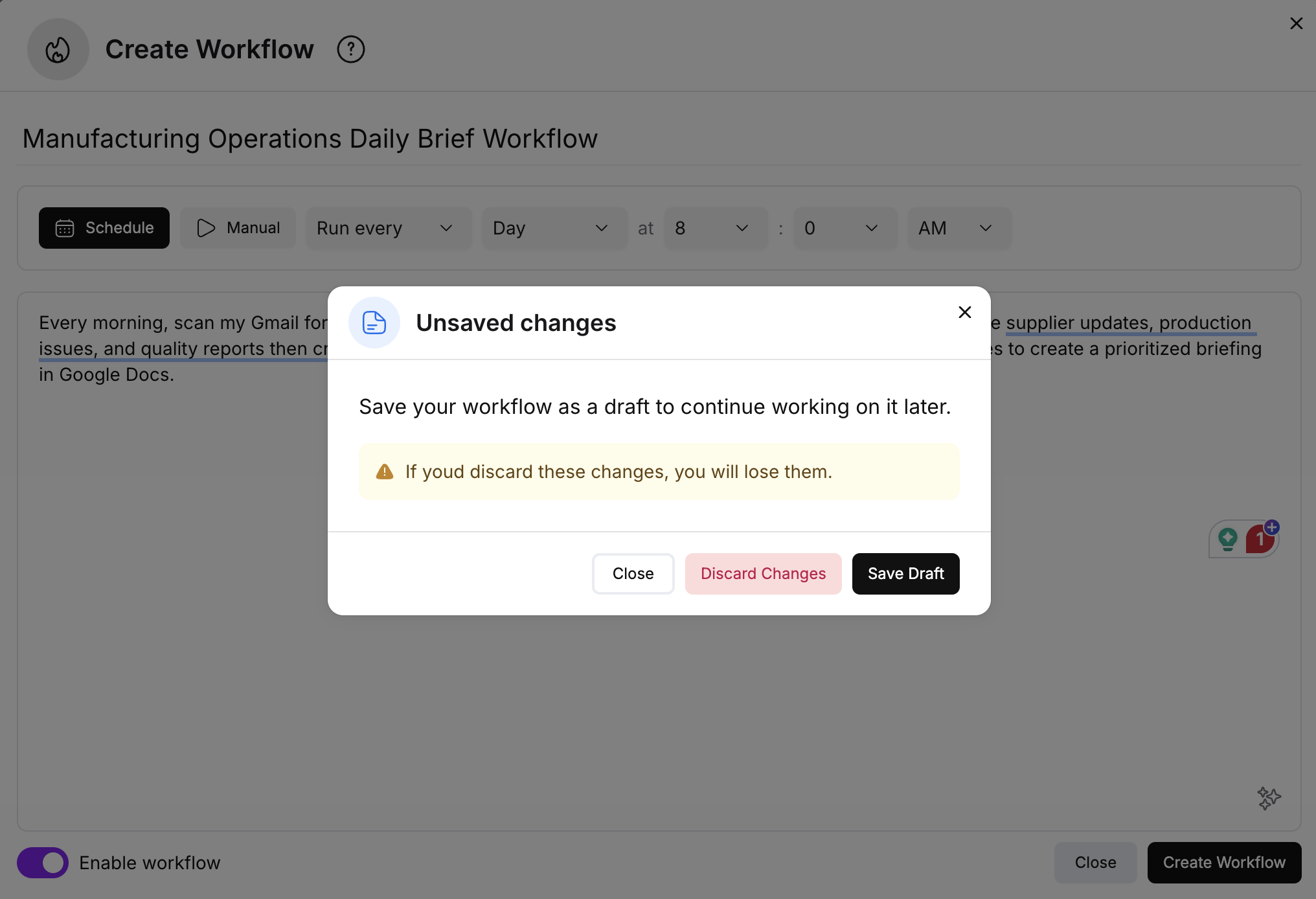 Pam workflow drafts feature showing unsaved changes dialog with options to save draft, discard changes, or close